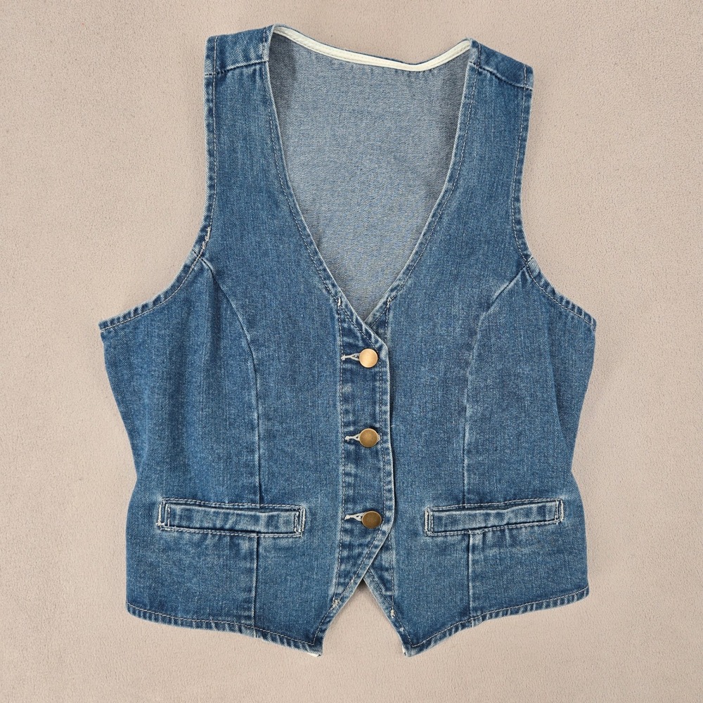 Womens Medium Blue Denim Vest Cropped Button Front Cinch Back Western Boho